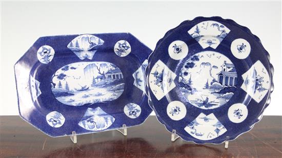 A Bow powder blue dish and a similar wavy edge plate, c.1760-65, 26cm and 22cm